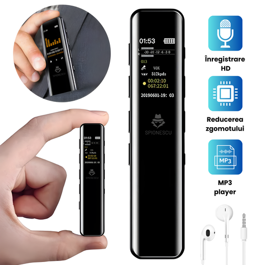 Reportofon profesional OTG, memorie 16GB, ecran color IPS, inregistrare continua, programare automata, MP3 player, baterie reincarcabila 230mAh, negru