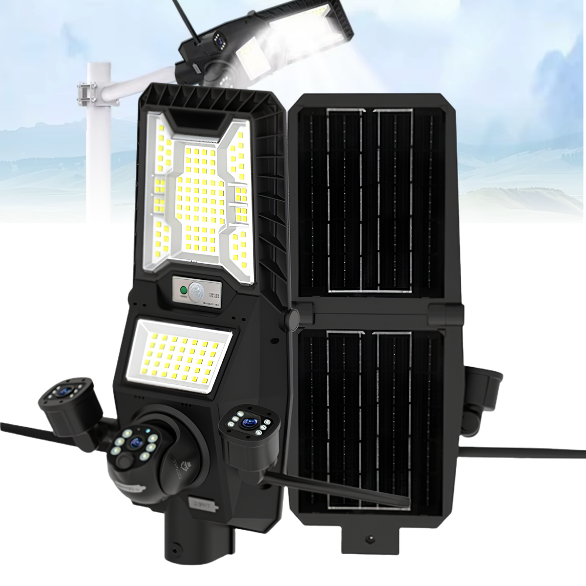 Lampa stradala LED cu camera de supraveghere 4G, tripla camera 6MP, 3 lentile, panou solar monocristalin 15W, baterie 18000mAh, 135 LED, detectie PIR, PTZ 340°, vedere nocturna color/IR, audio bidirectional, IP65
