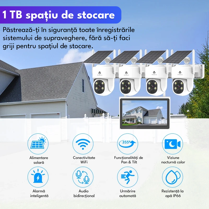 Kit complet de supraveghere video cu 4 camere si panou solar, K8510, WIFI, 4MP, 1 TB, capacitate baterie 9000mAh, NVR 10 canale, comunicare bidirectionala, senzor miscare, viziune nocturna, control PTZ