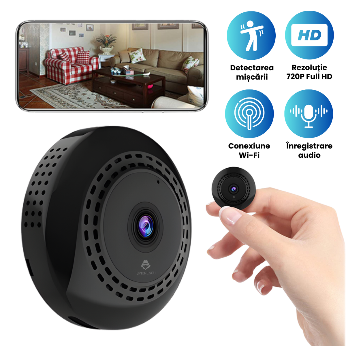 Mini camera spion C2+, WiFi, rezolutie 720P, cu vedere nocturna, detectie miscare, microfon, suport magnetic, baterie 300 mAh