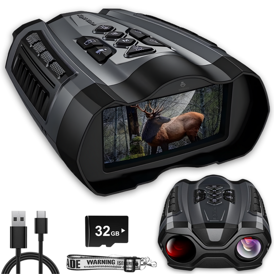 Binoclu digital profesional cu vedere nocturna 4K UHD, zoom optic reglabil 10x, iluminare IR, ecran 3.5 inch, card 32GB inclus, baterie 4000 mAh, utilizare zi/noapte, negru