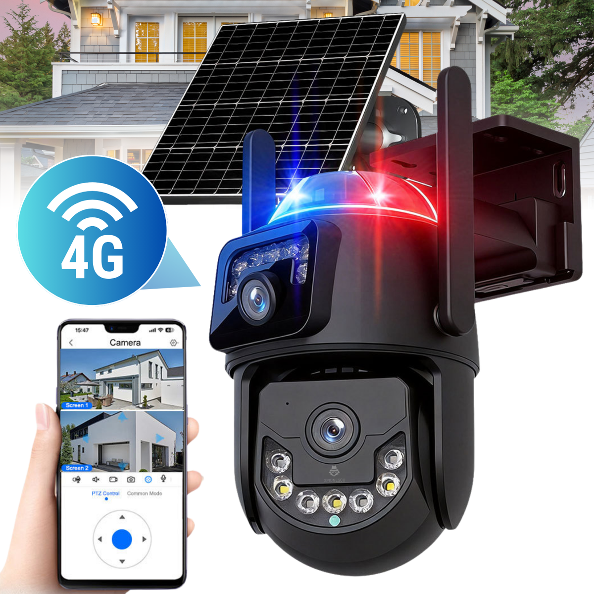 Camera de supraveghere exterior 4G, Dual Lens 6MP, IP66, panou solar, baterie 9000mAh, PTZ 355°, detectare persoane AI, vedere nocturna color, audio bidirectional, negru