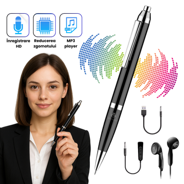 Reportofon spion pix, Q90, microfon HD, mufa de casti ascunsa, functie MP3 player, design discret din aliaj de zinc, autonomie extinsa