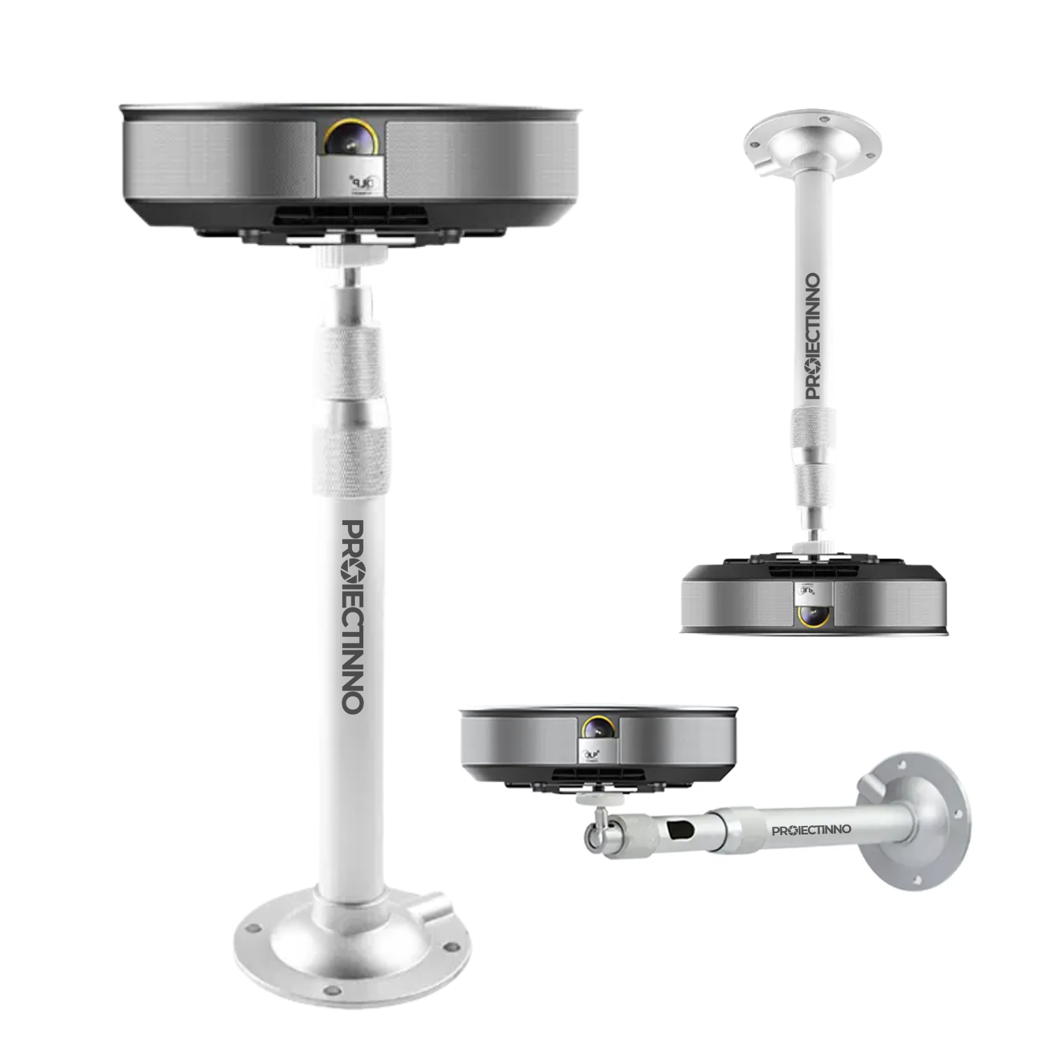 Suport videoproiector pentru tavan si perete, reglabil pe inaltime 20–40 cm, rotire 360°, inclinare 90°, compatibil universal, constructie din aluminiu durabil, montaj rapid, capacitate 3 kg, argintiu