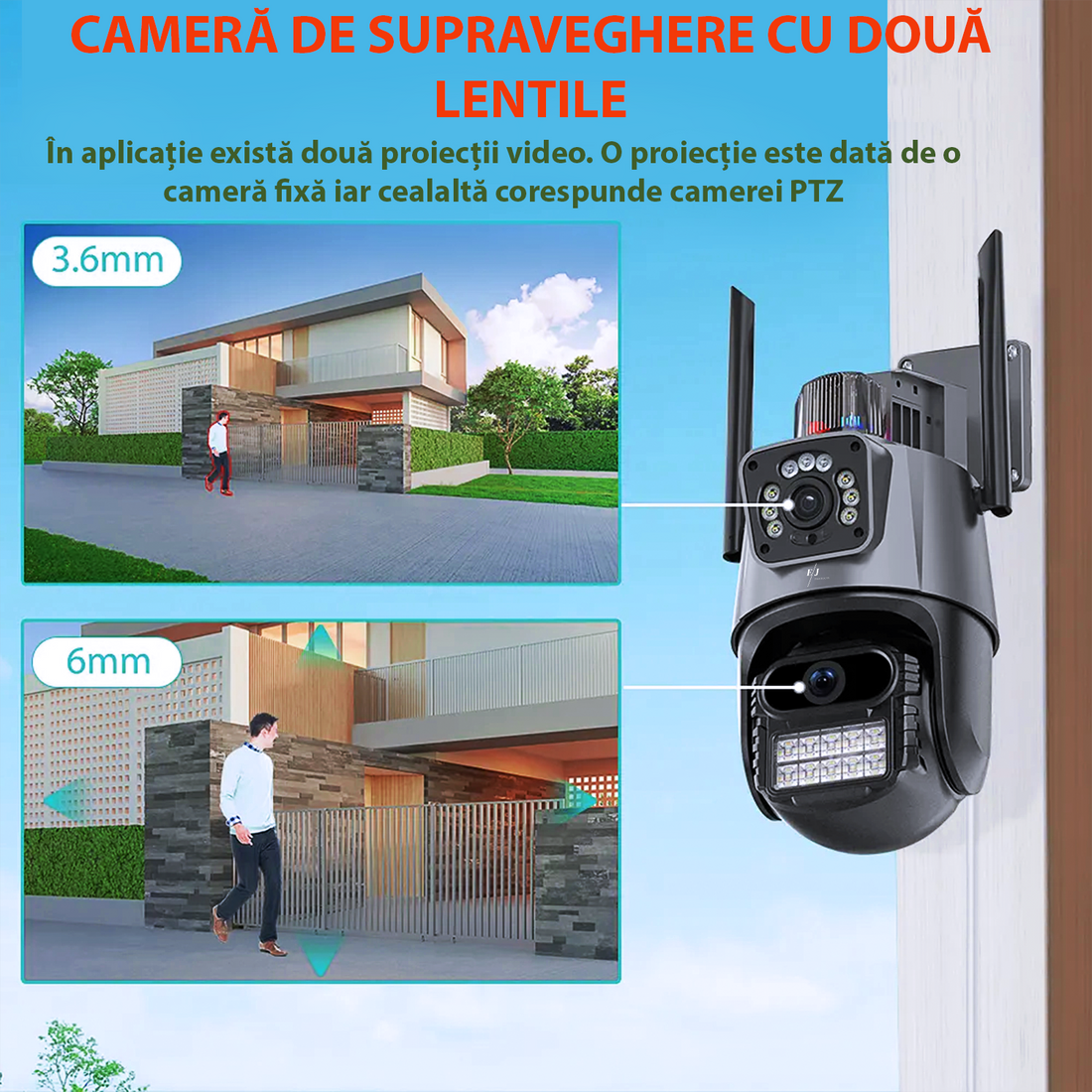 Camera de supraveghere dubla, Q322, WIFI, 6MP, exterior, IP 66, AI, leduri lumina, comunicare bidirectionala, alarma, senzor miscare,exterior