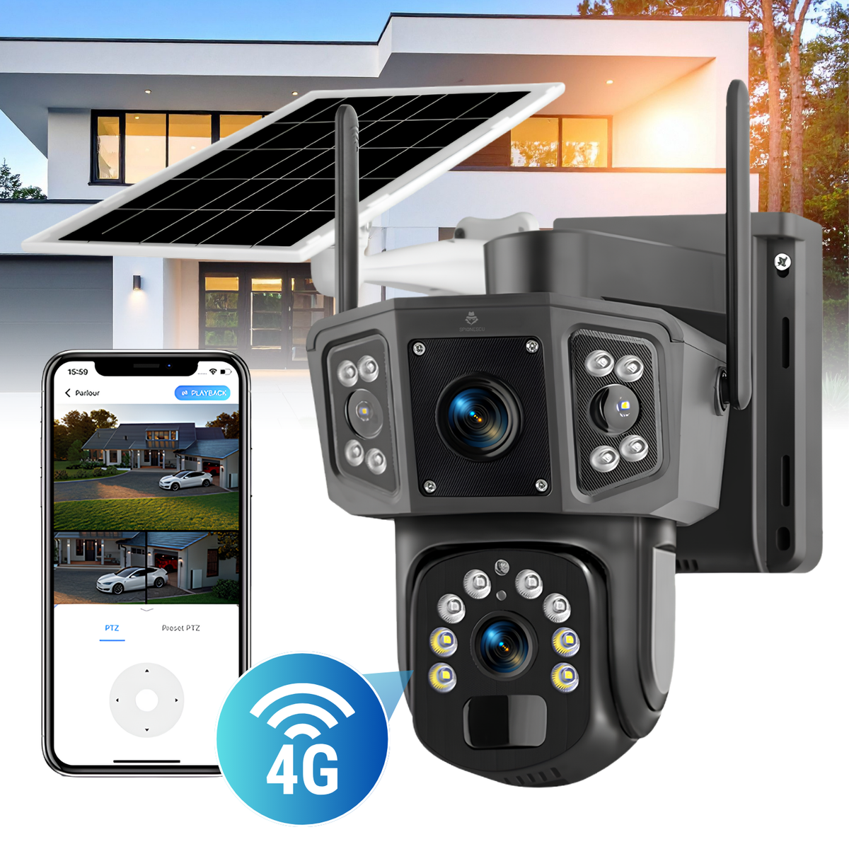 Camera de supraveghere exterior 4G cu panou solar, 6MP Dual Lens, PTZ 355°, detectare PIR persoane, vedere nocturna color, audio bidirectional, baterie 8000mAh, IP66, negru