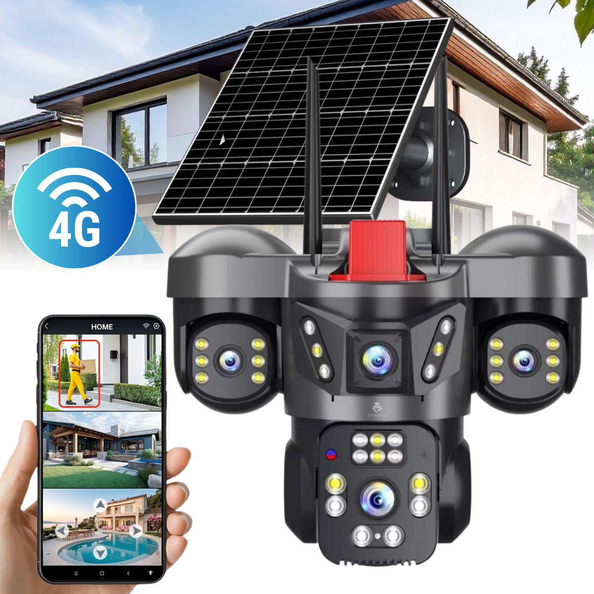 Camera de supraveghere exterior 4G, 3 lentile 12MP, 3 ecrane, AOV 24/7, PTZ, Motion Tracking, detectare AI persoane, vedere nocturna Full Color pana la 15 m, audio bidirectional, panou solar 8W, baterie 8000mAh, negru