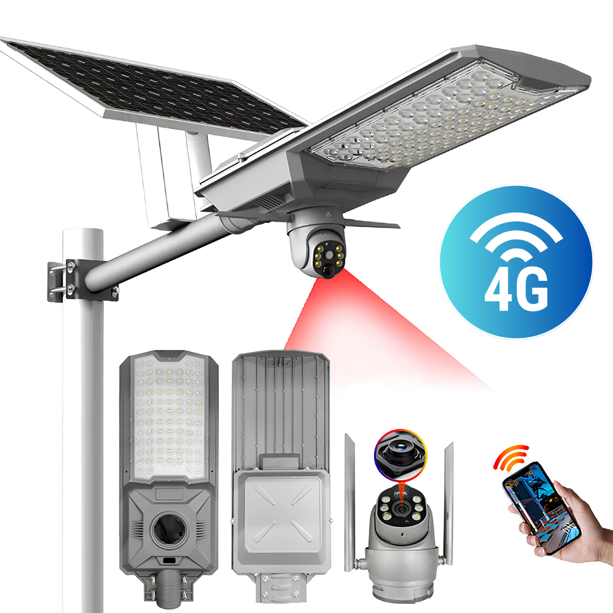 Lampa stradala LED cu camera supraveghere 4G, 4MP, PTZ 340°, urmarire automata, panou solar monocristalin 42W, baterie 42Ah, 78 LED-uri 5054, senzor PIR, vedere nocturna color si IR, audio bidirectional, IP65, gri