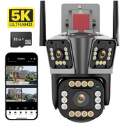RESIGILAT - Camera de supraveghere tripla 5K, WIFI, 12MP, 32 GB, PTZ, CCTV, zoom 10x