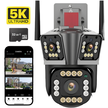 Camera de supraveghere tripla 5K, WIFI, 12MP, 32 GB, PTZ, CCTV, zoom 10x