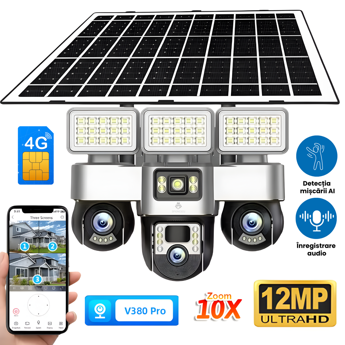 Camera de supraveghere cu panou solar, VC8, 4G, 3 lentile PTZ, 12 MP, detectie miscare, alarma sonora si luminoasa, viziune nocturna color, audio bidirectional, protectie IP66, stocare pe card TF si cloud
