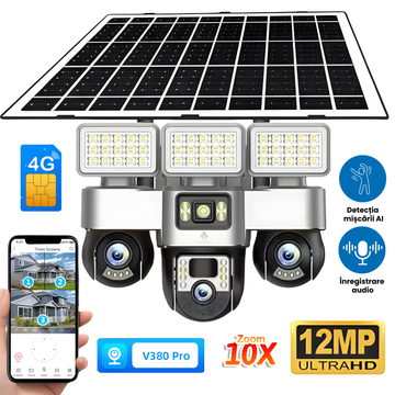 Camera de supraveghere cu panou solar, VC8, 4G, 3 lentile PTZ, 12 MP, detectie miscare, alarma sonora si luminoasa, viziune nocturna color, audio bidirectional, protectie IP66, stocare pe card TF si cloud