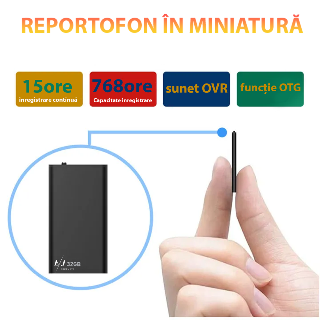 Mini reportofon spion, Q61, 32GB, autonomie 24 ore, capacitate inregistrare 768 ore, raza actiune 60m, MP3, reducere a zgomotului de fundal