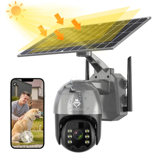 Camera de supraveghere 4G cu SIM, detectie miscare PIR, viziune nocturna color, rezolutie 4MP, audio bidirectional, panou solar inclus, stocare pe card si cloud, IP66, conectare de pe mai multe dispozitive, gri