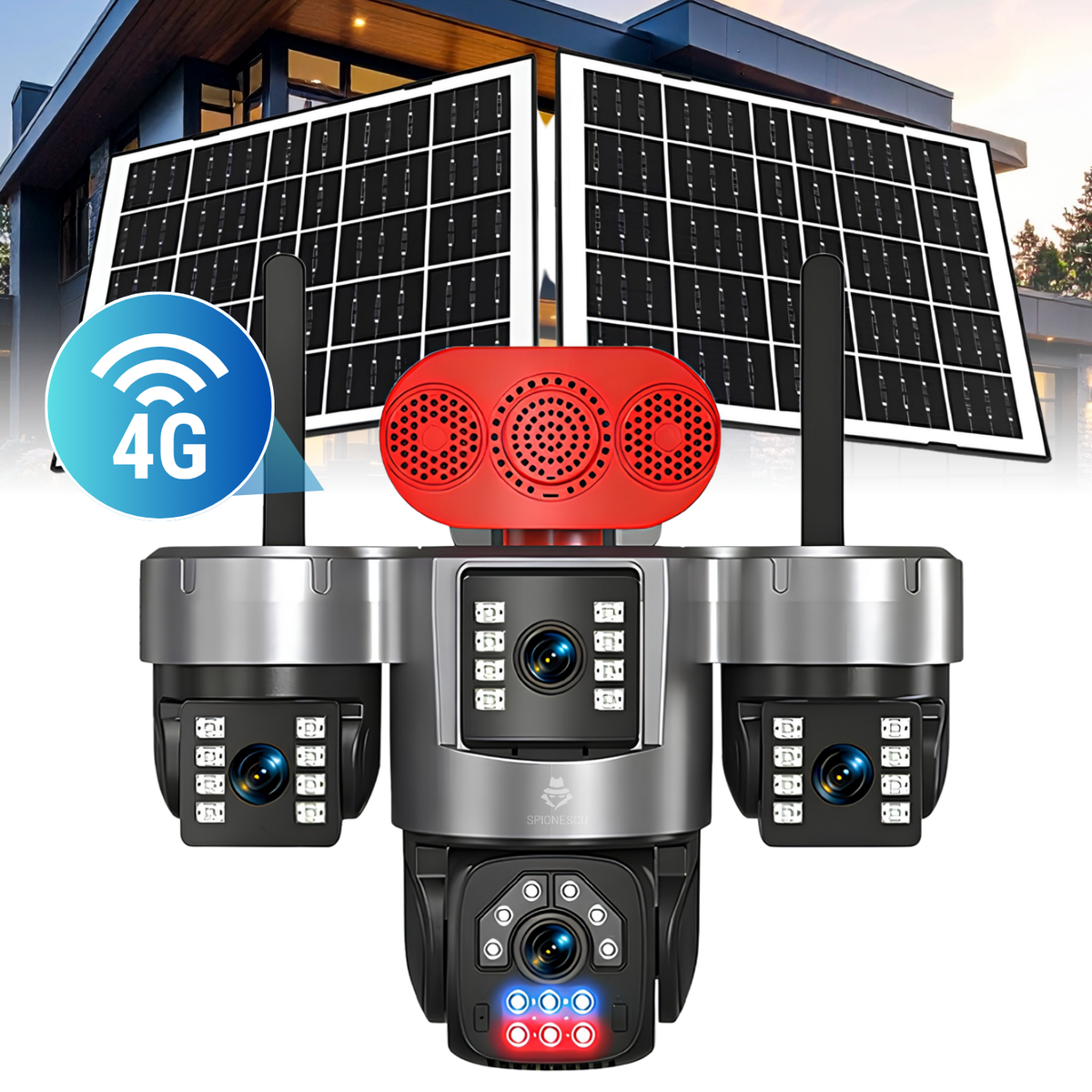 Camera de supraveghere exterior 4G, 4 lentile 20MP, AOV 24/24, PTZ, zoom digital 12X, detectare AI persoane, Motion Tracking, vedere nocturna 4 moduri, alarma luminoasa si sonora, panou solar 15W, baterie 12000mAh, audio bidirectional, negru
