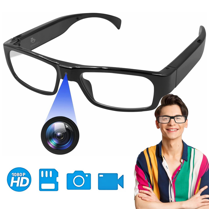 Ochelari cu camera video Full HD 1080P, lentile clare, baterie reincarcabila 800mAh, cip inteligent, operare usoara cu un singur buton, conectivitate prin cablu sau cititor card