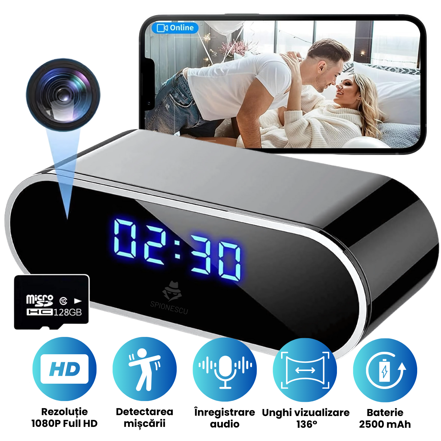 Ceas cu camera ascunsa audio-video, WiFi, HD, detectarea miscarii pe iOS, night vision