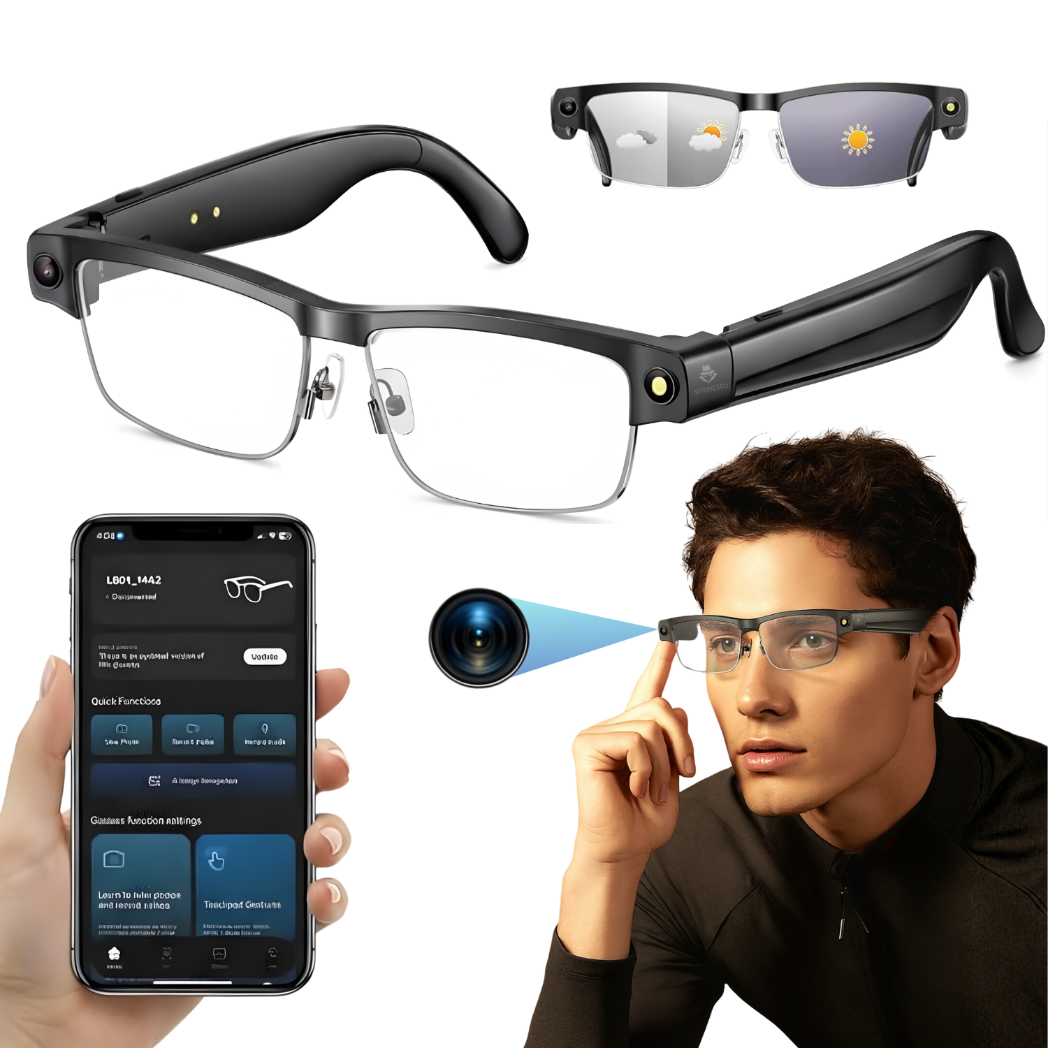 Ochelari inteligenti cu camera, L802, 8MP, video 1200P, asistent vocal AI, redare muzica, apeluri Bl