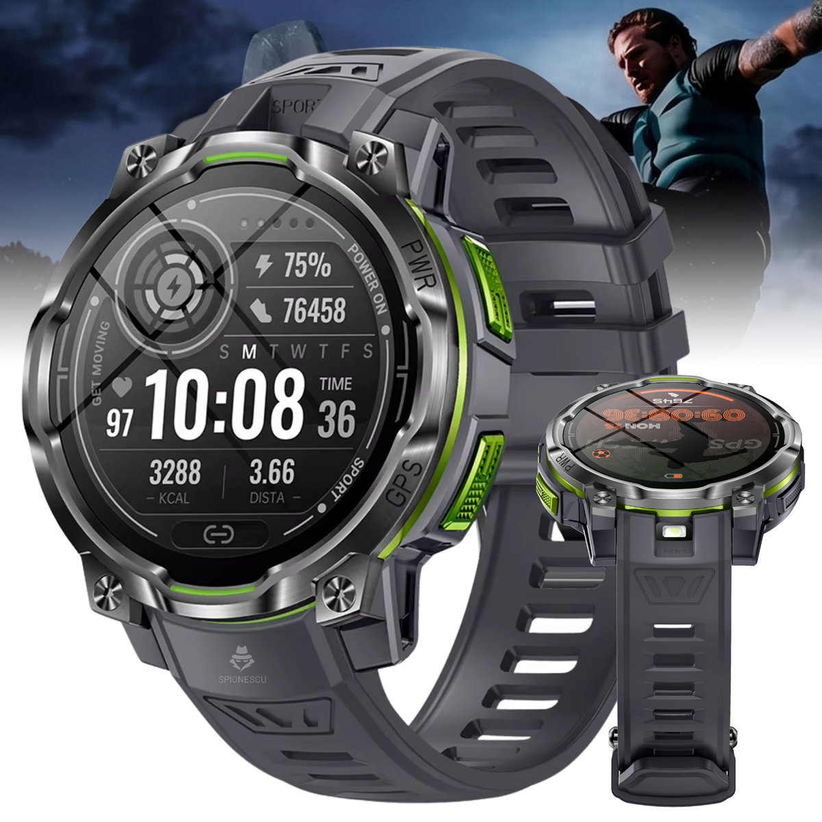 Smartwatch inteligent cu GPS, Harti Offline si Apeluri Bluetooth, Ecran HD 1.46", Baterie 1200 mAh, IPX8, Busola, Altimetru, Monitorizare Somn, Peste 100 Moduri Sport, ChatGPT, Android si iOS, negru