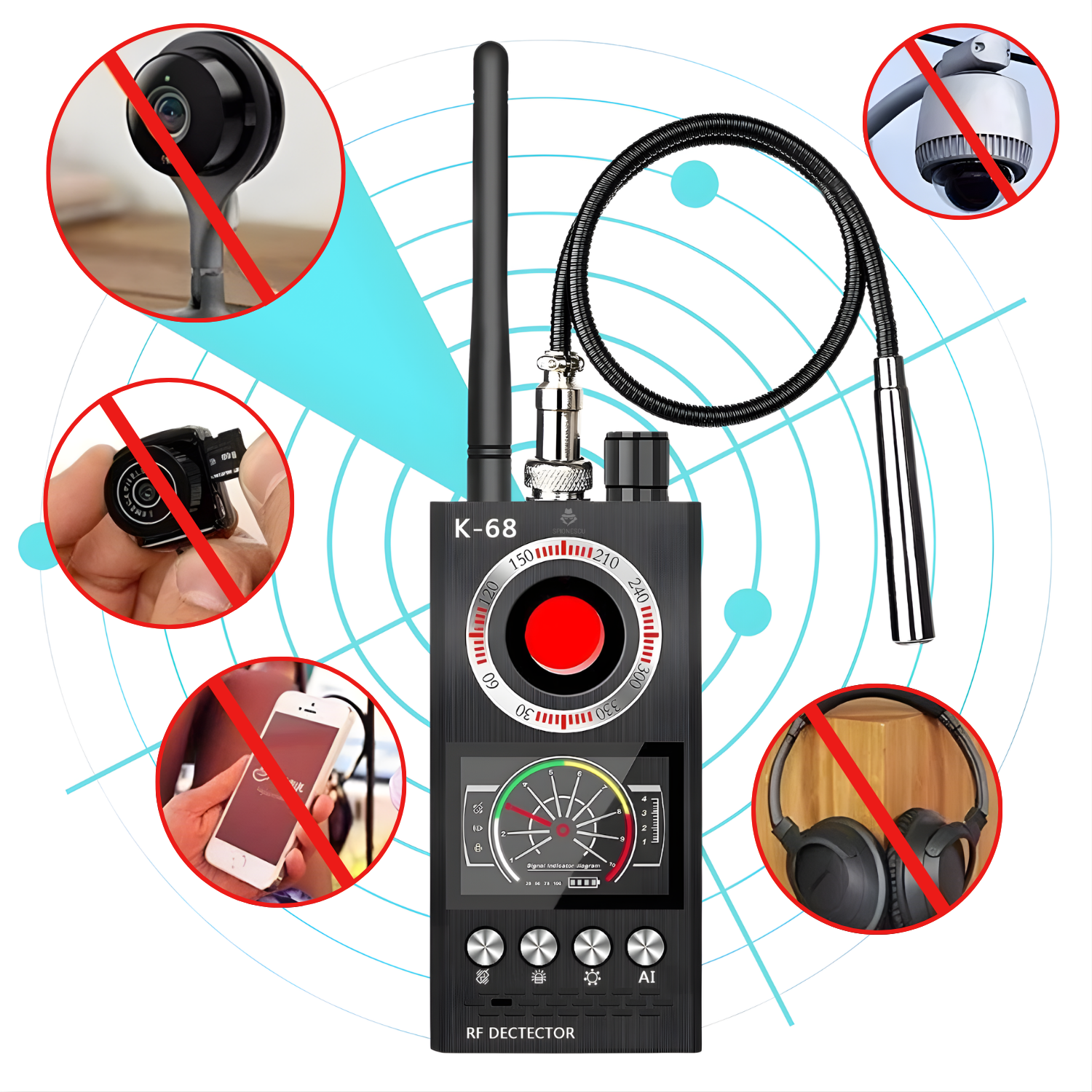 Detector inteligent aparate spionaj, K68, detectare camere ascunse, GPS, RF si IR, scanare laser, afisaj LED, baterie 1200 mAh, autonomie 8-10 ore, frecventa 1 MHz – 8000 MHz