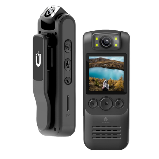 Camera video corporala, body cam 1080P, WiFi HotSpot, baterie 1300 mAh, unghi larg de 180°, lanterna integrata, dimensiuni compacte 9.9 x 2.5 x 3.8 cm, design portabil, inregistrare discreta