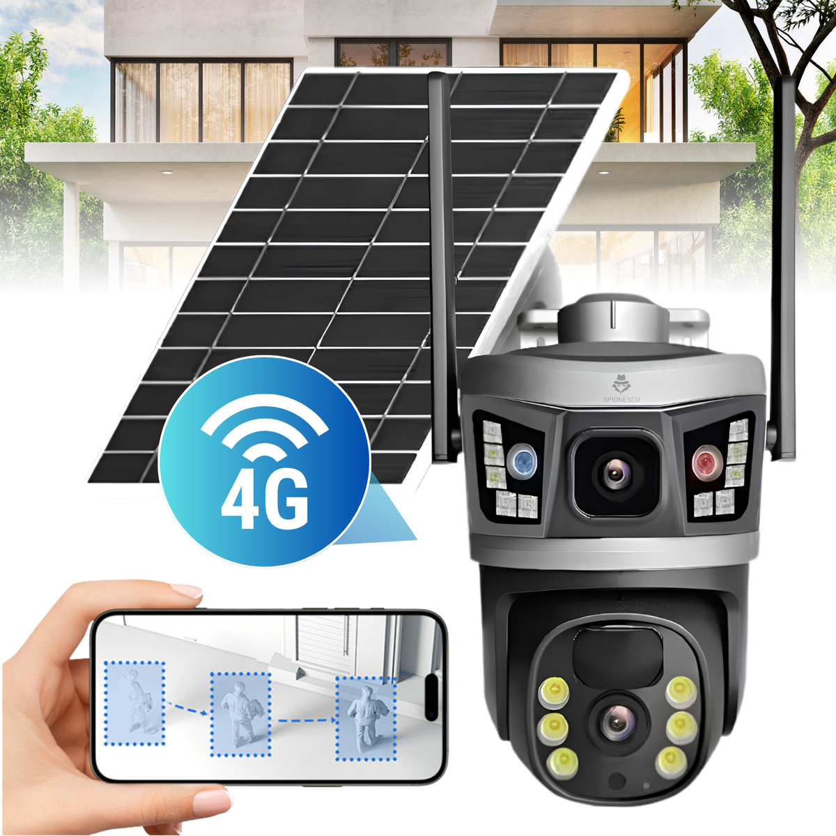 Camera de supraveghere exterior 4G, Dual Lens 6MP, panou solar, baterie 8000mAh, PTZ 355°, detectare persoane, vedere nocturna color, audio bidirectional, negru