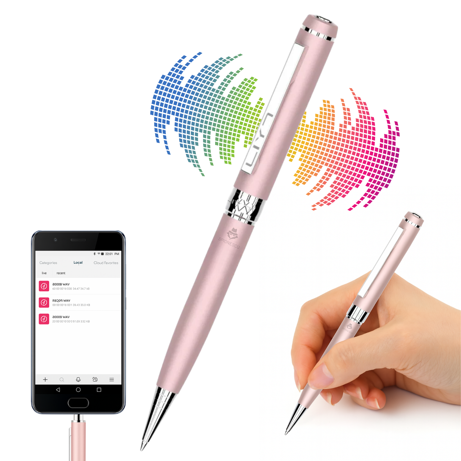 Pix cu reportofon spion integrat, D3191, 32GB memorie interna, autonomie 10 ore, raza inregistrare 15m, microfon 360°, compatibil smartphone Type-C/Lightning, functie MP3 player, design elegant si discret, rose gold