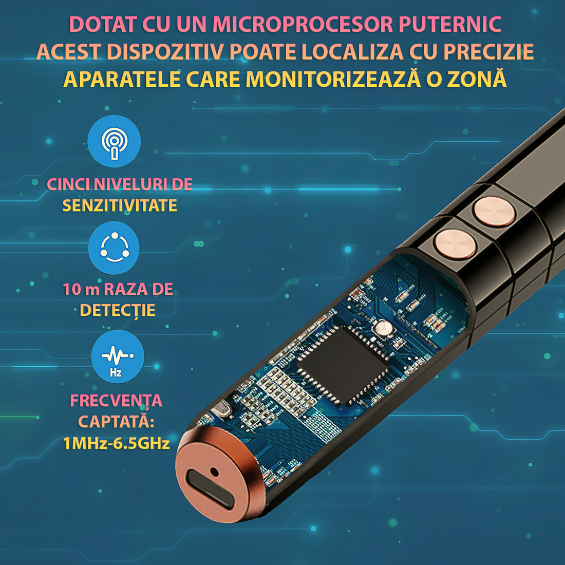 Detector aparate spionaj, T13, camere ascunse, microfoane, localizatoare GPS, reportofoane, autonomie 25 de ore, distanta detectare laser pana la 15 m, anti-spy, portabil, negru