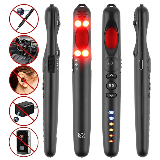 Detector aparate spionaj G718, detecteaza camere ascunse, microfoane spion, localizatoare GPS si reportofoane, frecventa 300–2700 MHz, alarma 80 dB, lanterna LED, baterie reincarcabila 280 mAh, autonomie 3–5 ore, negru