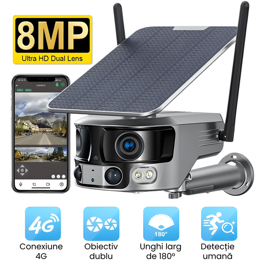 Camera de supraveghere 4G, panou solar, 4K UHD 8MP, unghi 180°, detectie umana AI, urmarire automata, audio bidirectional, stocare cloud si card TF, IP66, baterie 18000 mAh, gri