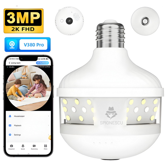 Camera de supraveghere tip bec, D8, WiFi, 360°, rezolutie 3MP, viziune nocturna color, audio bidirectional, alarma sonora si luminoasa, detectie miscare, instalare E27 fara cabluri, control prin aplicatie