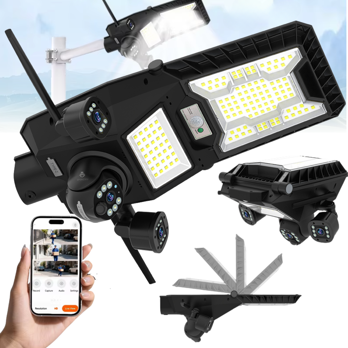 Lampa stradala LED cu camera de supraveghere 4G, tripla camera 6MP, 3 lentile, panou solar monocristalin 15W, baterie 18000mAh, 135 LED, detectie PIR, PTZ 340°, vedere nocturna color/IR, audio bidirectional, IP65