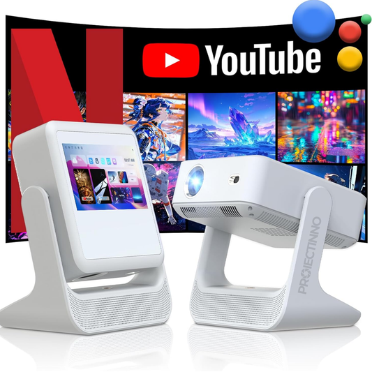 Videoproiector inteligent portabil cu ecran tactil, Proiectinno, A2Pro, rezolutie 1080P, suport 4K, Android integrat, luminozitate 300 ANSI lumeni, difuzoare HiFi stereo 15W, suport rotativ 180°, alb