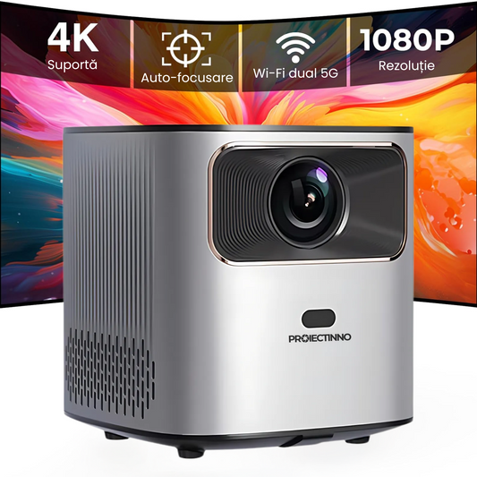 Mini videoproiector 3D, 4K, AK-26, 350 ANSI Lumens, 8 GB, Android 9.0, WiFi, Bluetooth 5.0, contrast 1000:1, auto-focalizare, reglare trapezoidala, zoom 100%-50%, portabil, gri