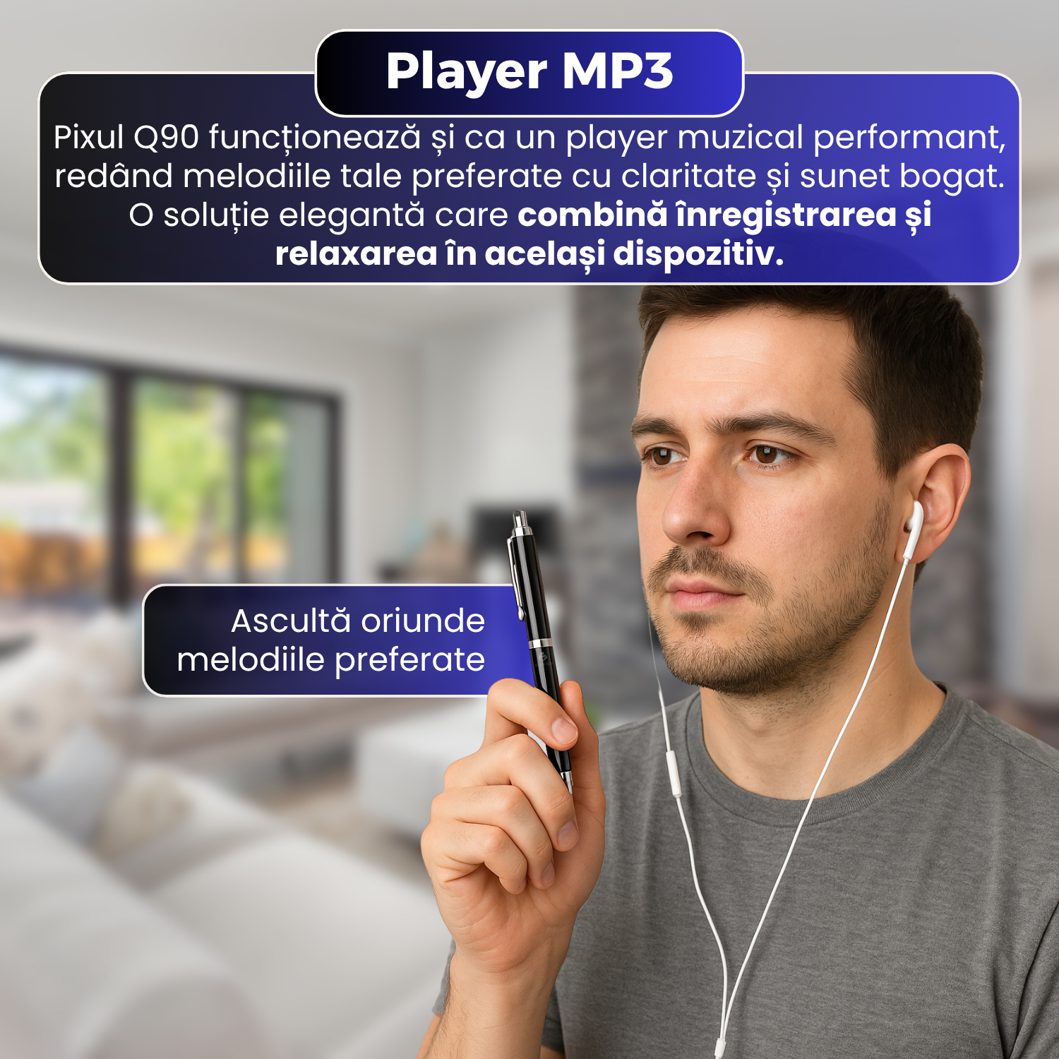 Pix cu microfon ascuns, autonomie mare, MP3 Player, negru - Q90