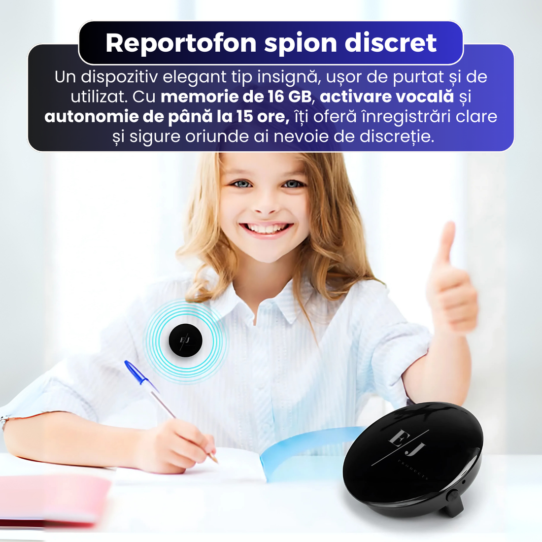 Reportofon spion tip insigna, Q3, memorie 16 GB, activare vocala, autonomie 15 ore, standby 30 zile, raza captare 5 metri, design compact si elegant