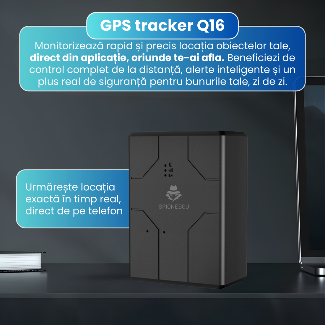 Tracker GPS 4G, Q16, pozitionare in timp real, autonomie 7 zile, standby 30 zile, baterie 5000 mAh, control de la distanta, precizie 99%, rezistent la apa IP67, negru