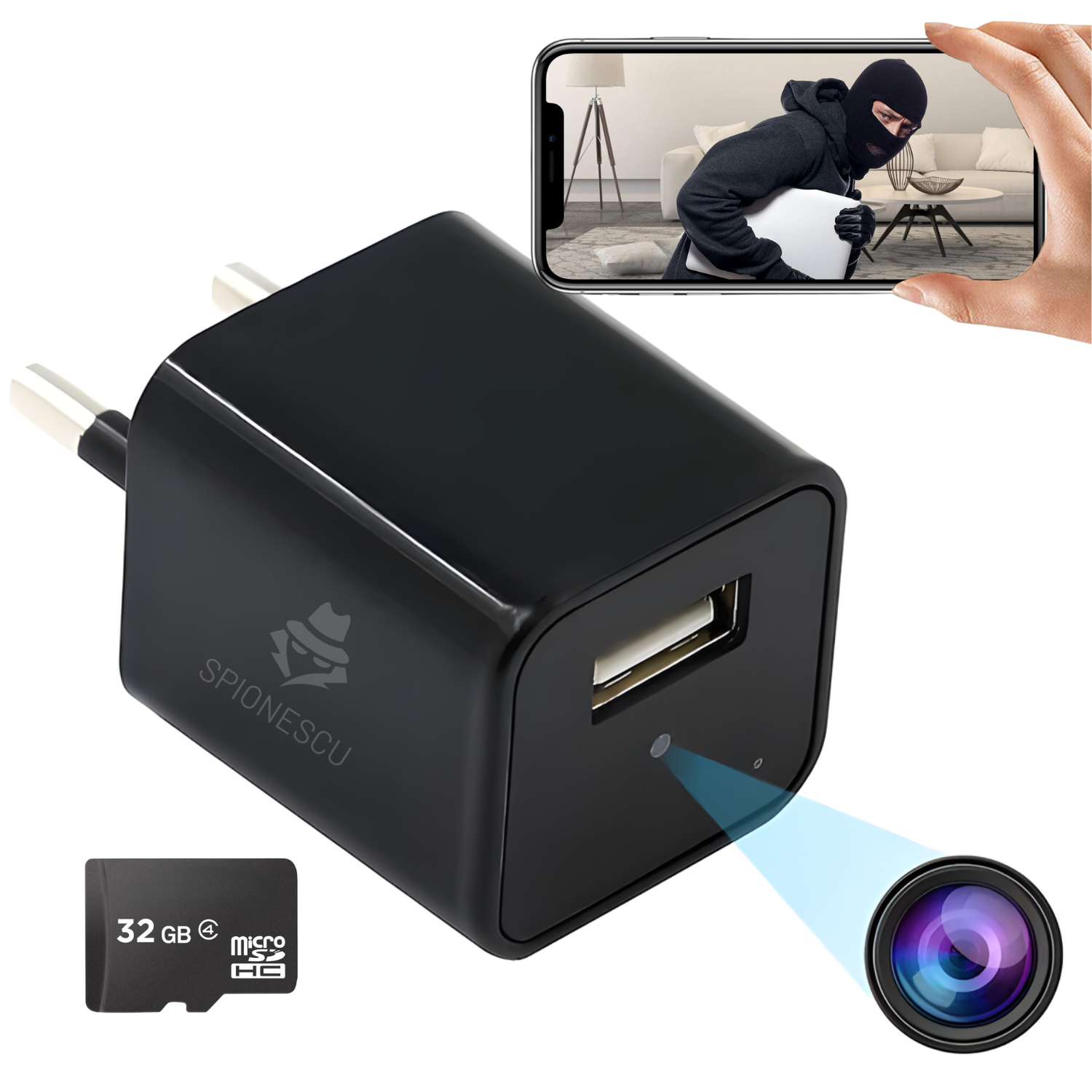 Incarcator USB cu camera ascunsa, Full HD 1080P, detectare miscare, conexiune WiFi, inregistrare in bucla, design discret