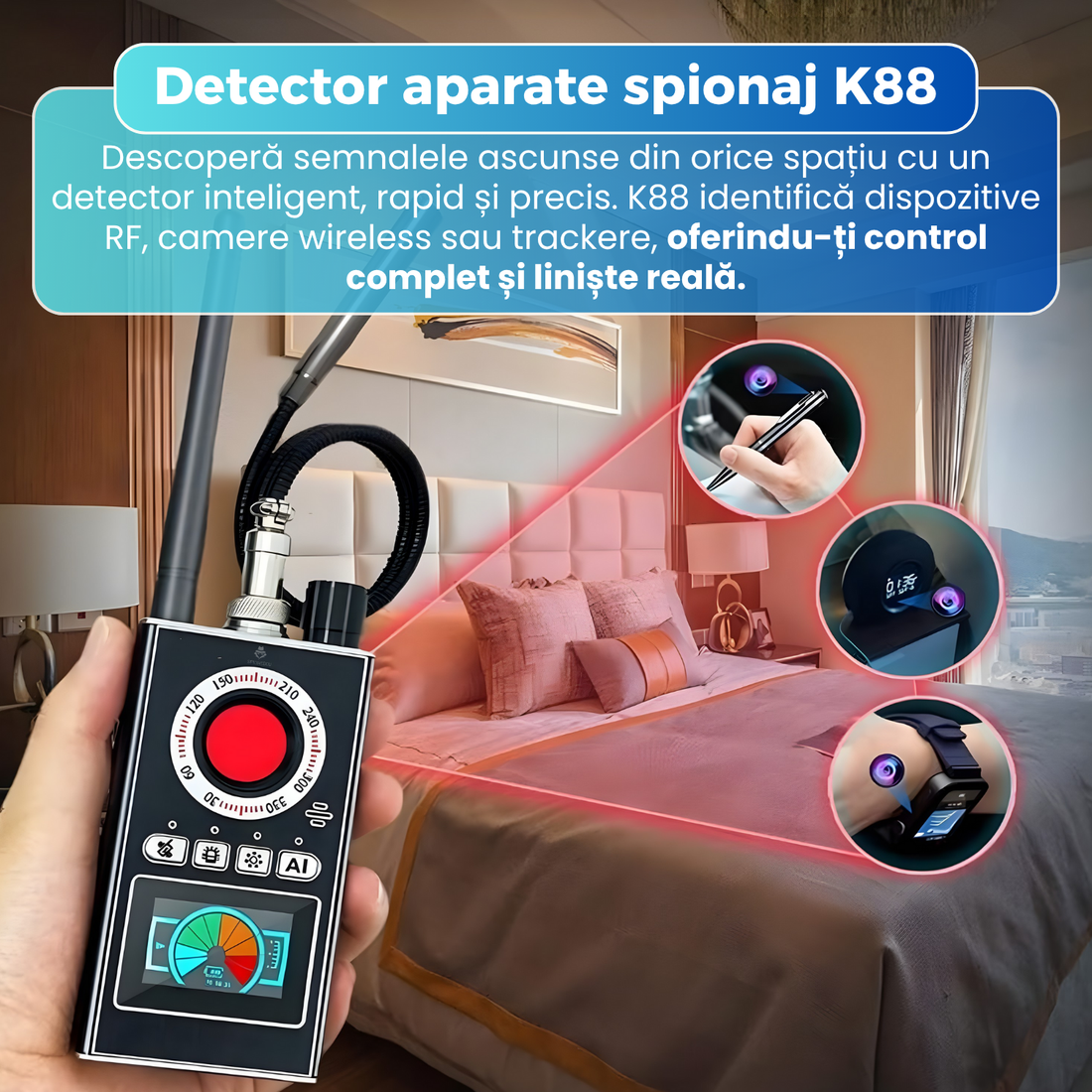 Detector aparate spionaj, K88, frecventa 1–8000 MHz, detectare camere ascunse, GPS si WiFi, infrarosu cu filtru optic, ecran LED, baterie 1200 mAh