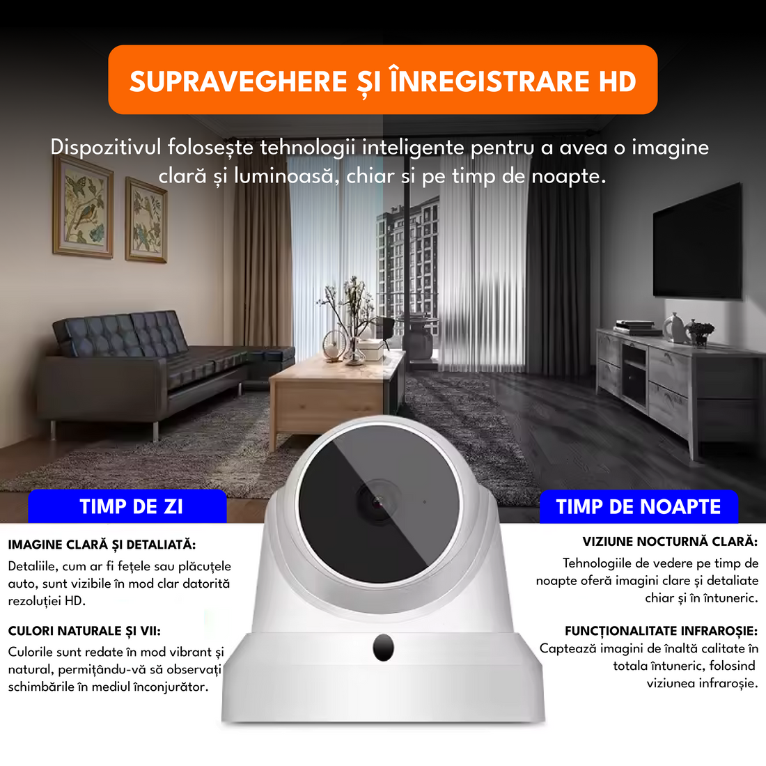 Camera de supraveghere, Q1, 3MP, 360°, Wifi, rotire, comunicare bidirectionala, vedere nocturna, stocare card/cloud, senzor miscare