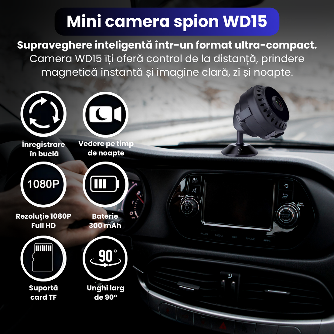 Mini Camera Ascunsa WiFi WD15, Full HD 1080P, Night Vision, Detectie Miscarе AI, Inregistrare in Bucla, Unghi 90°, Magnetica, Baterie 300 mAh, Suport TF card, Montaj Discret