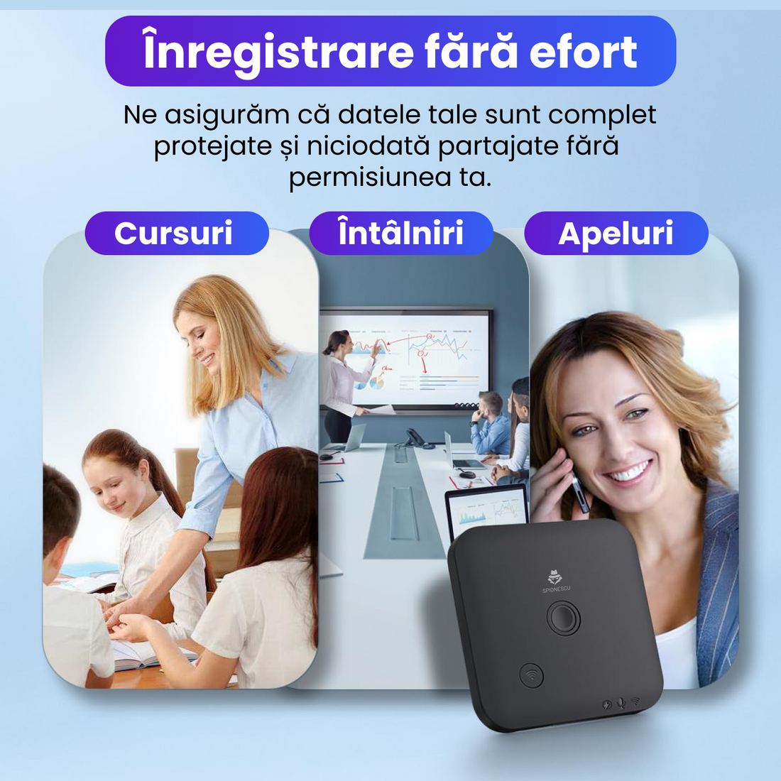 Reportofon inteligent AI 64 GB, ChatGPT transcriere automata si rezumate, suporta 100 de limbi, capacitate de inregistrare 1000 ore, autonomie 8 ore, control prin aplicatie, magnetic