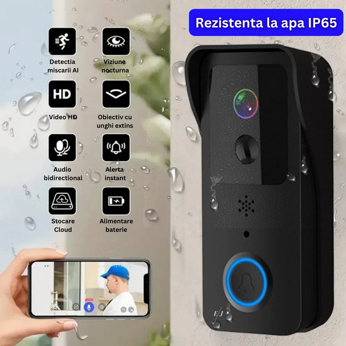 Sonerie inteligenta video cu alarma, rezistenta la apa, infrarosu night vision, sunet bidirectional, acumulatori inclusi, wireless 2.4G si 5G, control aplicatie, negru