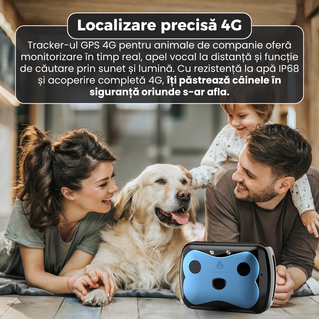 Tracker GPS 4G pentru animale, D15, rezistent la apa IP68, localizare in timp real, apel vocal, alerte prin aplicatie, baterie 650 mAh, cautare prin sunet si lumina
