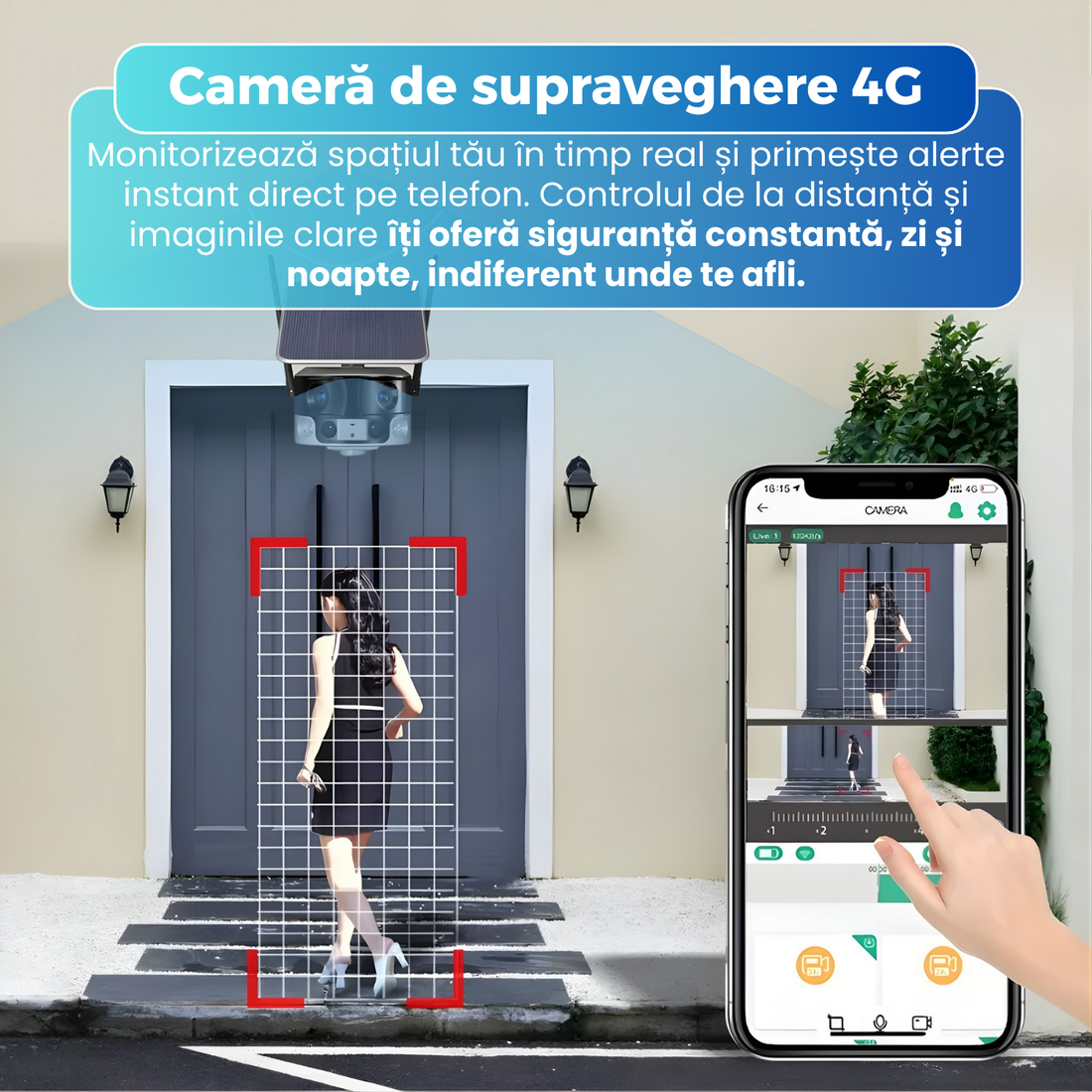 Camera de supraveghere 4G, panou solar, 4K UHD 8MP, unghi 180°, detectie umana AI, urmarire automata, audio bidirectional, stocare cloud si card TF, IP66, baterie 18000 mAh, gri