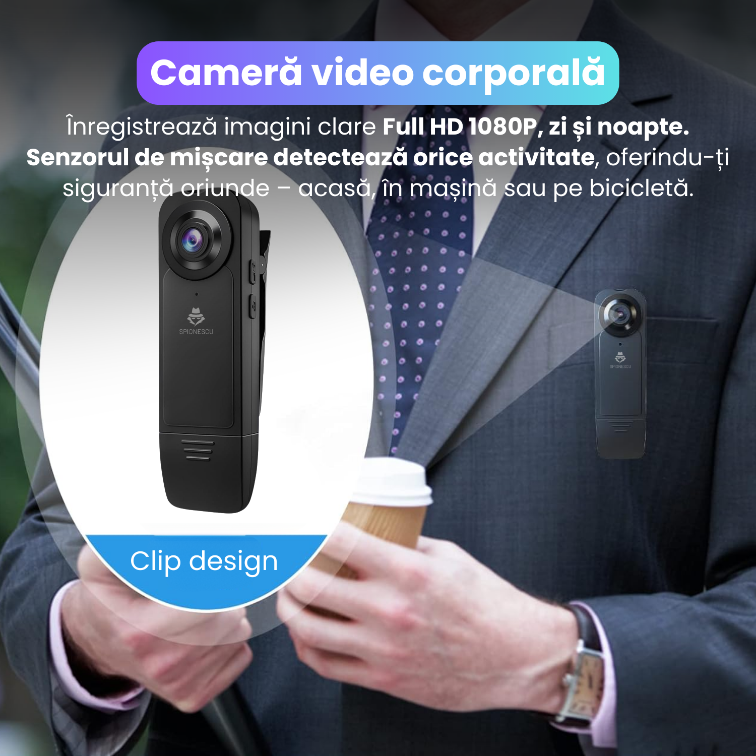 Camera video corporala, body cam 1080P, vedere nocturna, baterie 1000 mAh, unghi larg de 150°, detectare miscare, dimensiuni compacte 9.5x2.9x3.2cm, design portabil, inregistrare discreta