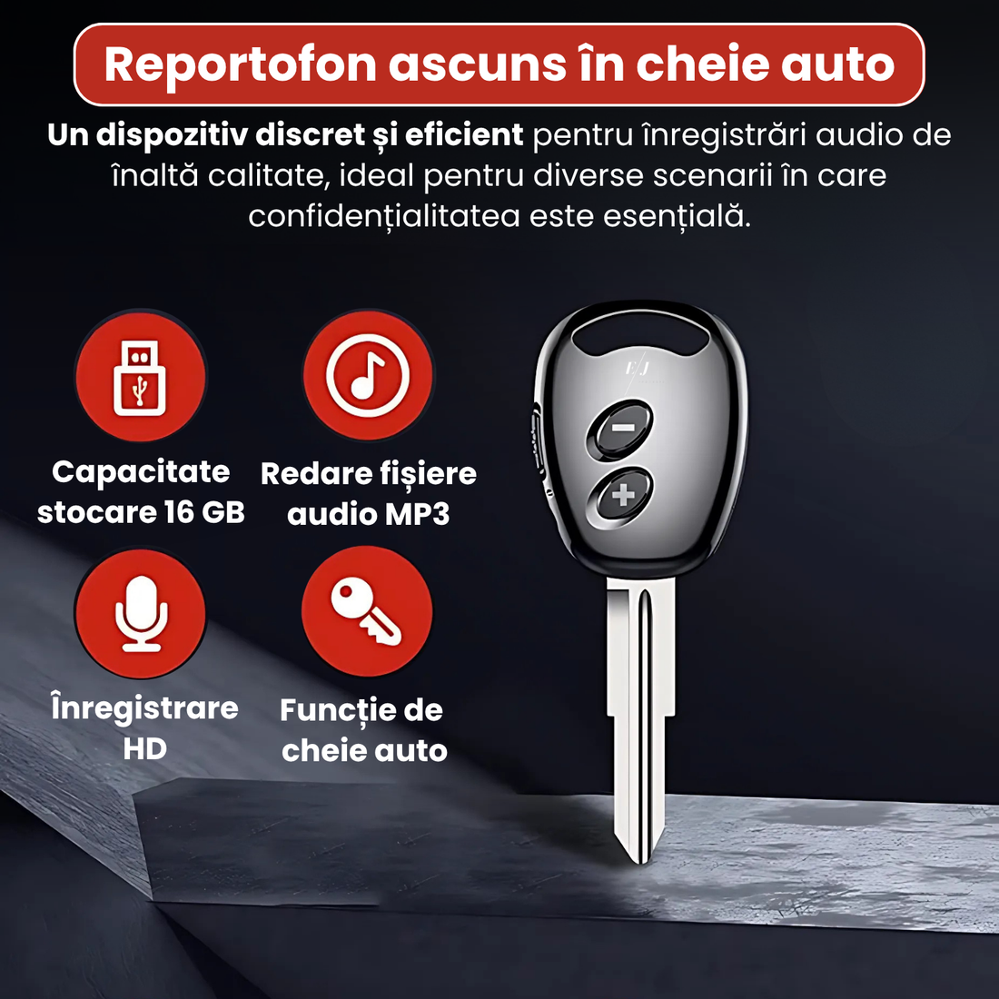 Mini reportofon spion ascuns in cheie auto, M1, 16 GB, autonomie 20 ore, inregistrare HD, MP3/REC/WAV, functie criptare, design discret, portabil