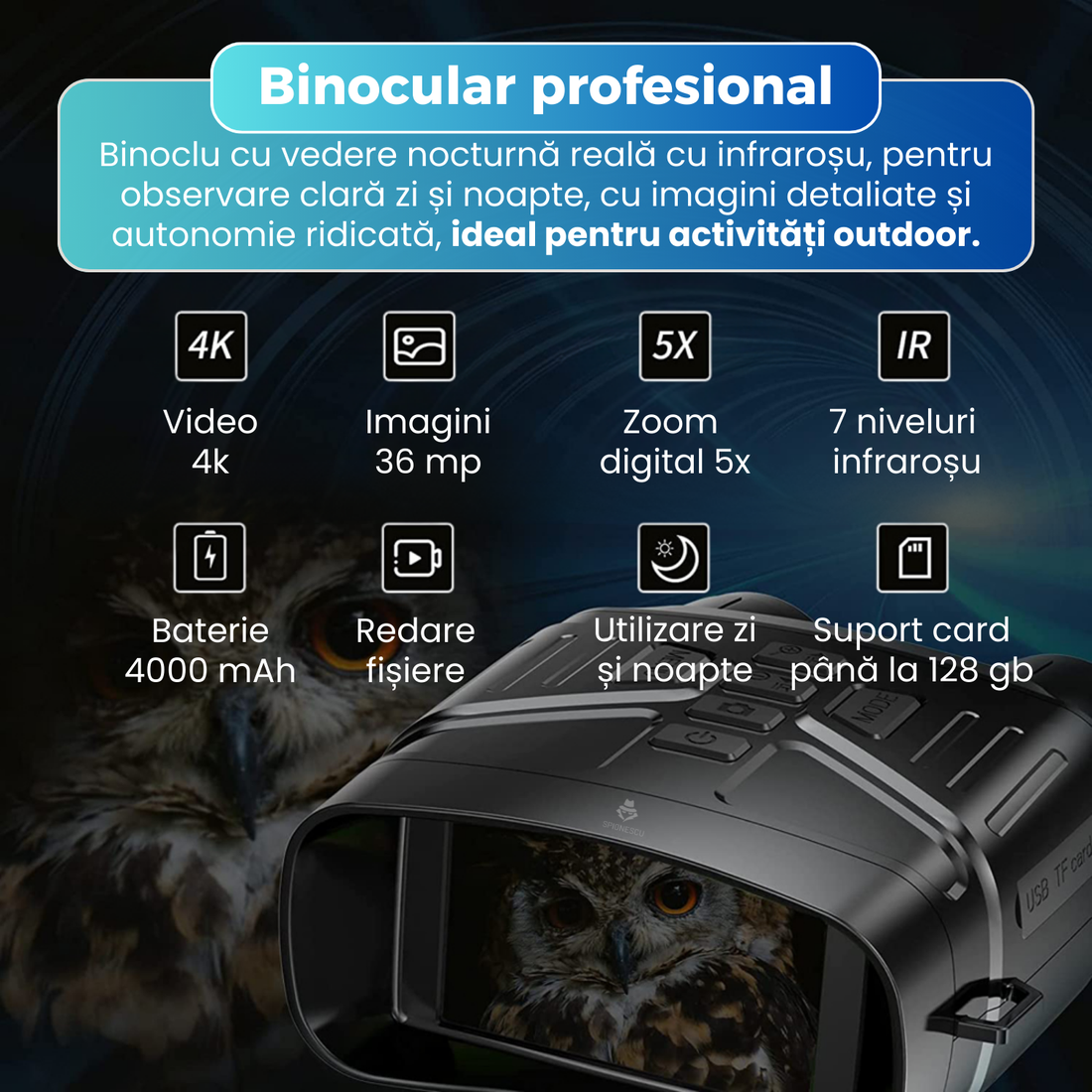 Binoclu profesional cu vedere nocturna, inregistrare video 4K, zoom digital 5x, infrarosu 7 niveluri, ecran LCD 3”, baterie reincarcabila 4000 mAh, memorie interna 32 GB, utilizare zi si noapte, negru