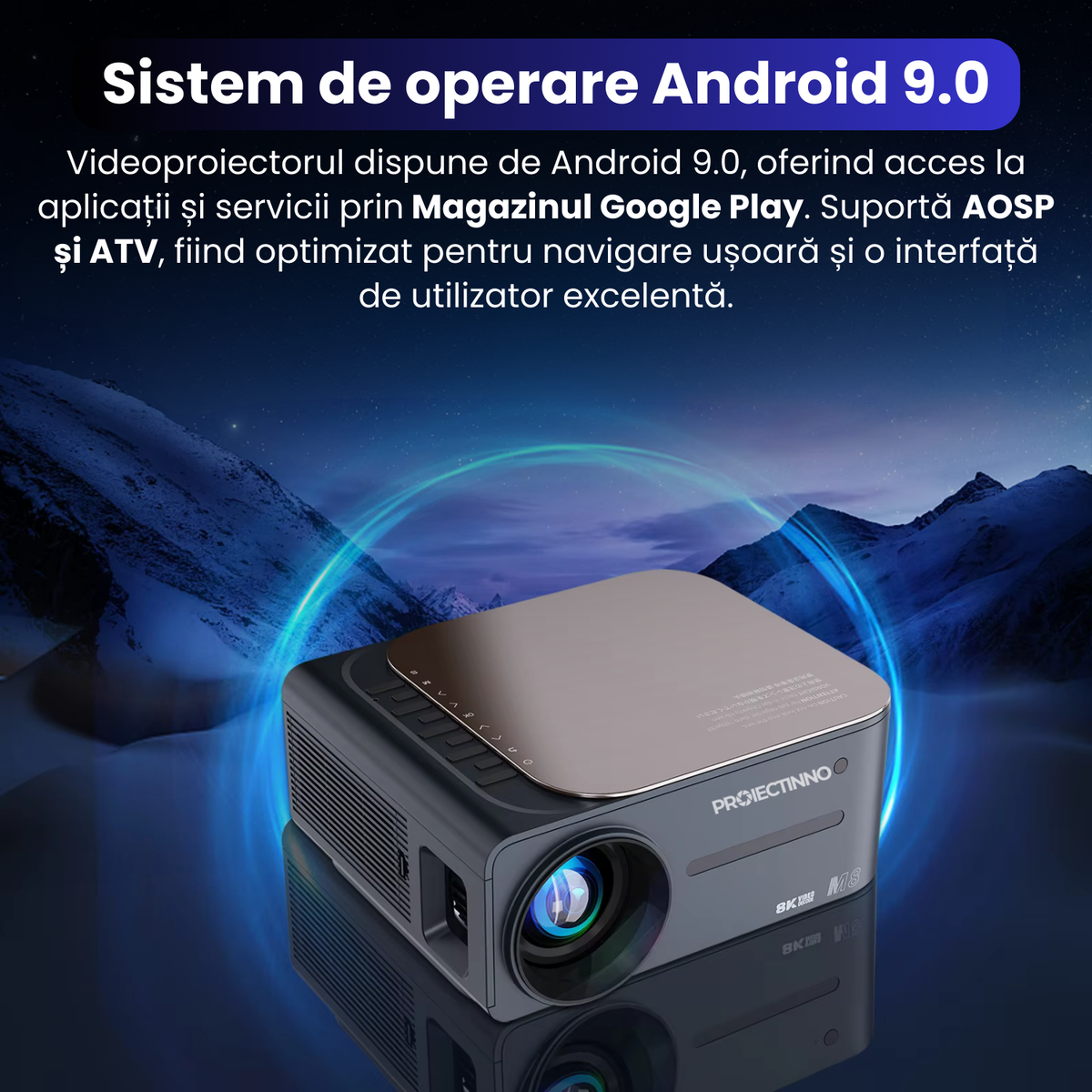 Videoproiector 3D, Full HD 1080p (suport semnal 4K), M8, Proiectinno, 16 GB, Android 9.0, Bluetooth 5.0, WiFi 2.4G/5G, audio Dolby, corectie trapezoidala, 400 ANSI, portabil, negru