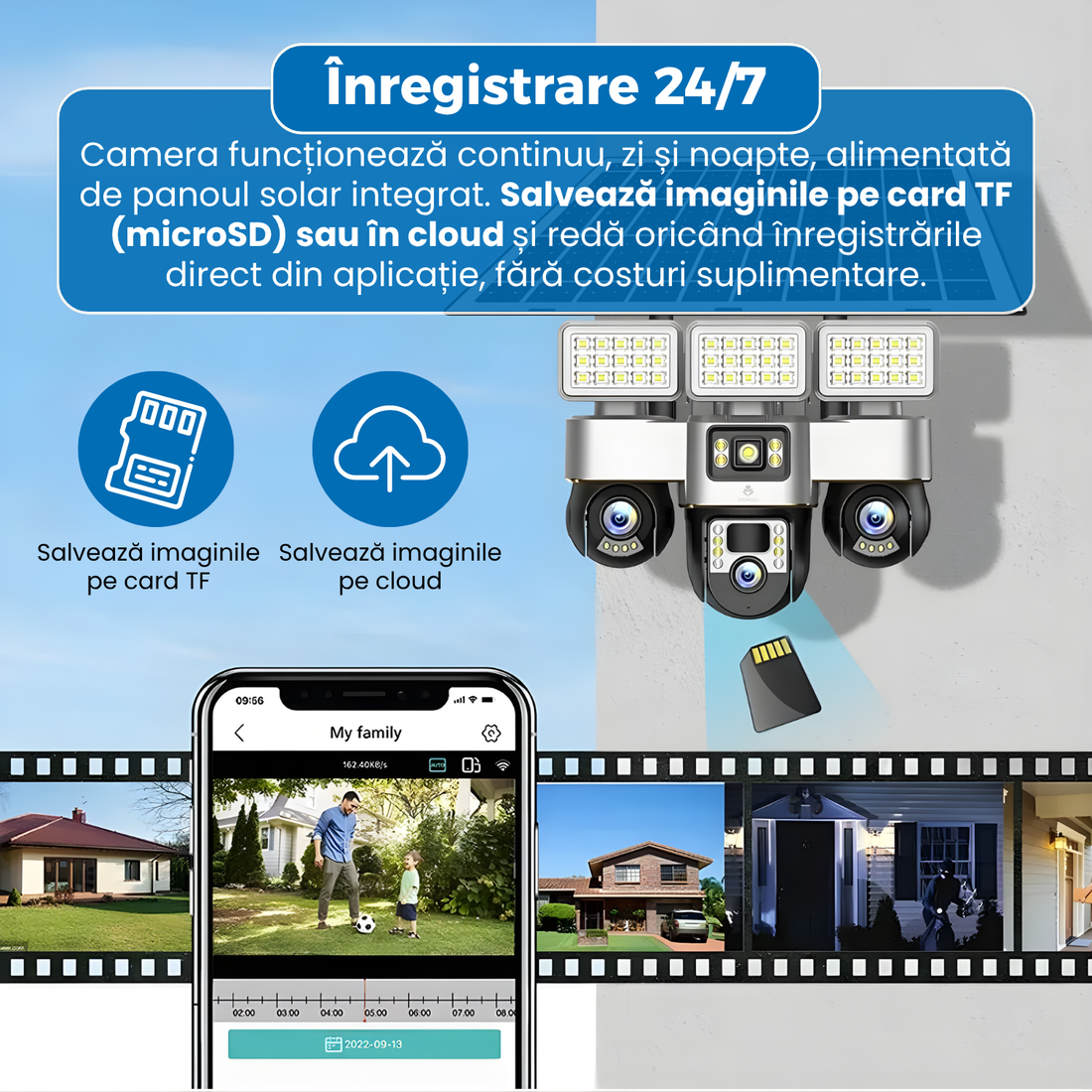 Camera de supraveghere cu panou solar, VC8, 4G, 3 lentile PTZ, 12 MP, detectie miscare, alarma sonora si luminoasa, viziune nocturna color, audio bidirectional, protectie IP66, stocare pe card TF si cloud